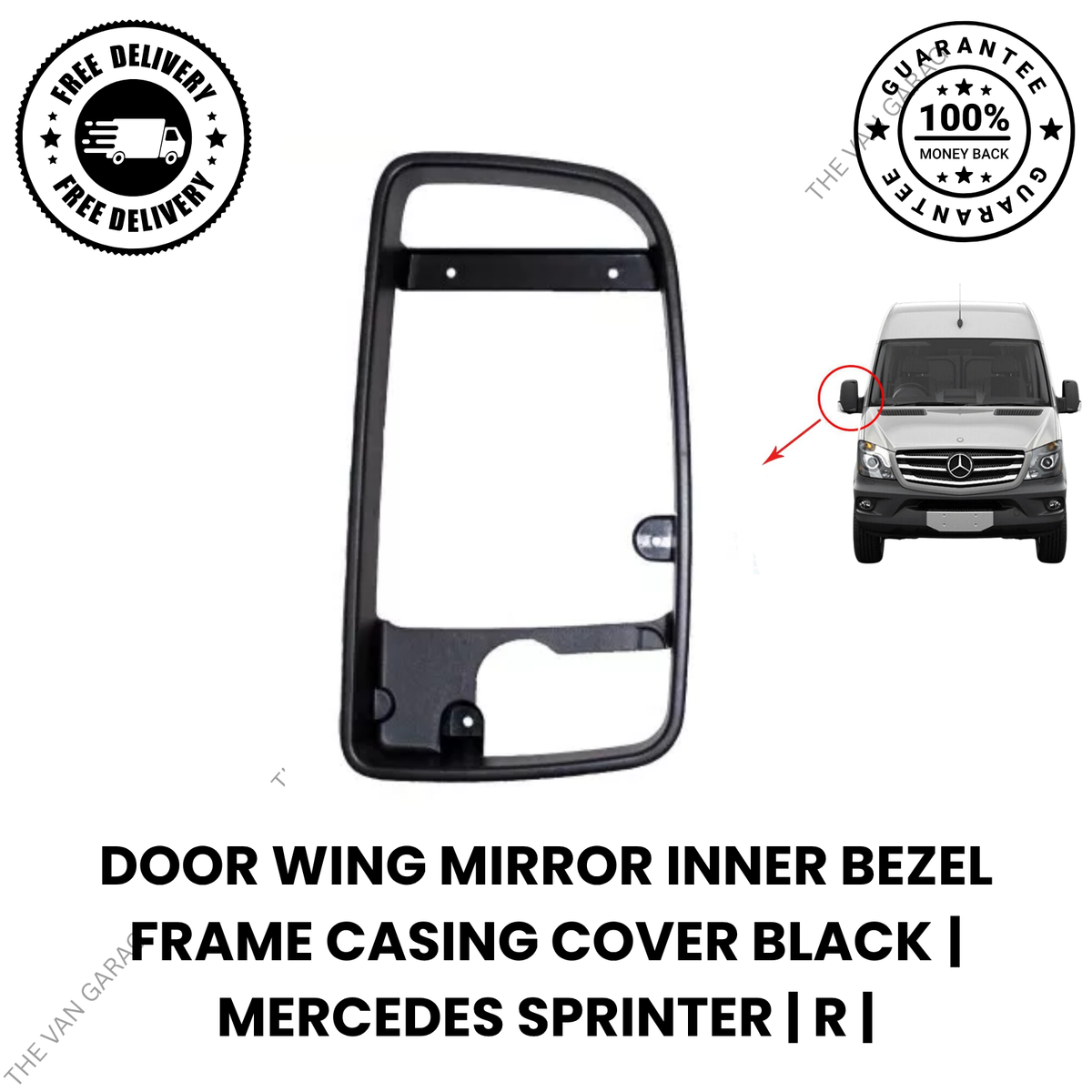 Door Wing Mirror Inner Bezel Frame Cover – Right Side (O/S) Black for Mercedes Sprinter