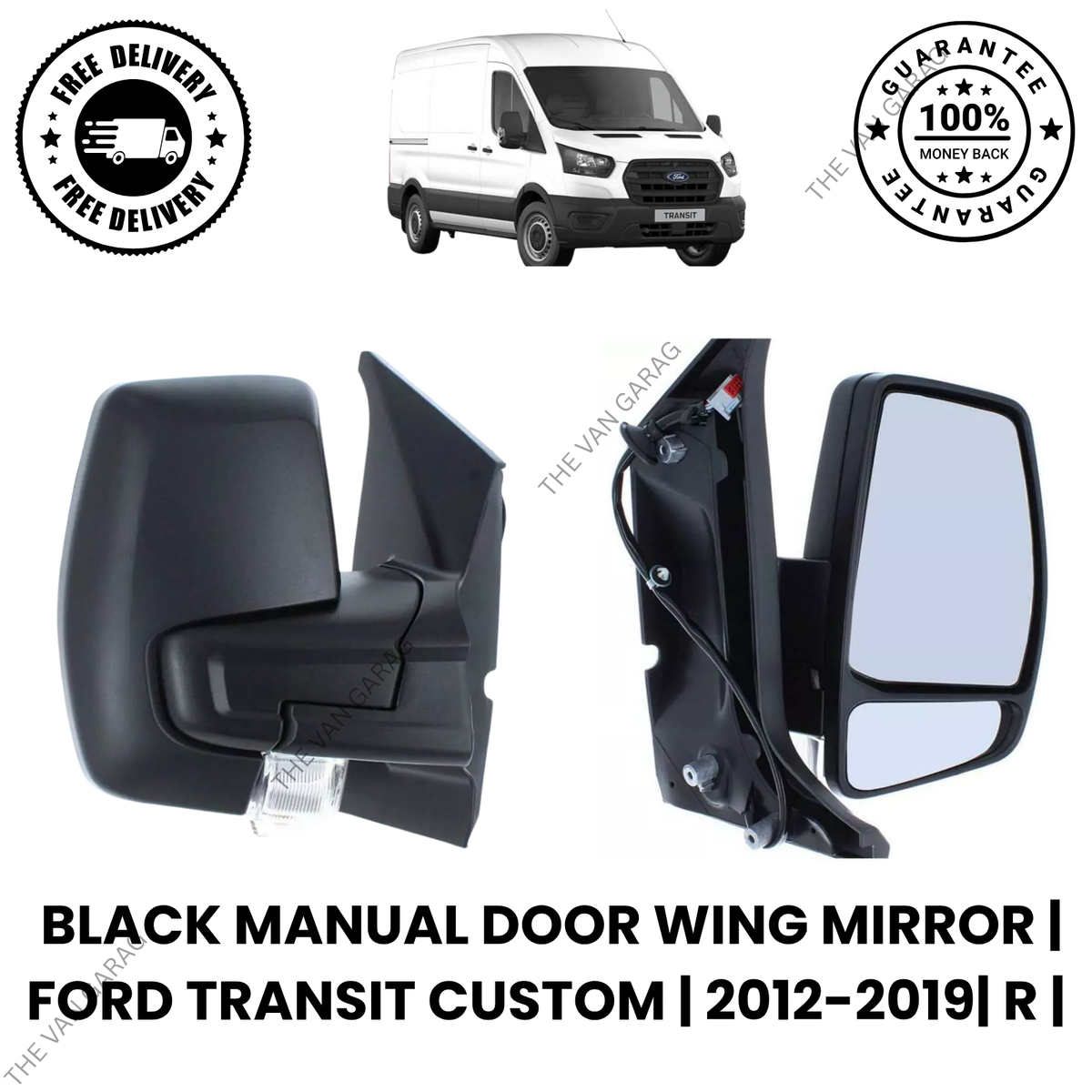 Door Wing Mirror Manual Right Side (Black) for Ford Transit Custom 2012–2019